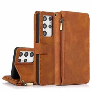 For Samsung Galaxy S21 Ultra 5G Skin-feel Crazy Horse Texture Zipper Wallet Bag Horizontal Flip Leather Case with Holder & Card Slots & Wallet & Lanyard(Brown)