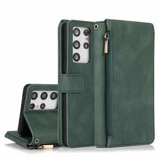 For Samsung Galaxy S21 Ultra 5G Skin-feel Crazy Horse Texture Zipper Wallet Bag Horizontal Flip Leather Case with Holder & Card Slots & Wallet & Lanyard(Dark Green)