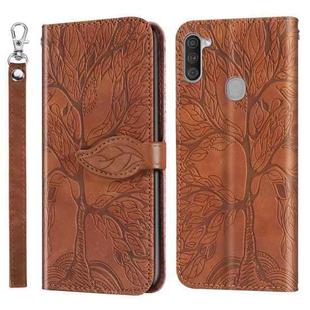 For Samsung Galaxy A11 (EU Version) Life of Tree Embossing Pattern Horizontal Flip Leather Case with Holder & Card Slot & Wallet & Photo Frame & Lanyard(Brown)