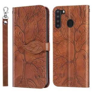 For Samsung Galaxy A21 Life of Tree Embossing Pattern Horizontal Flip Leather Case with Holder & Card Slot & Wallet & Photo Frame & Lanyard(Brown)