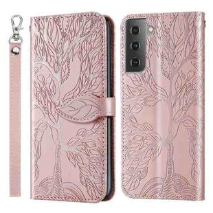 For Samsung Galaxy S21 5G Life of Tree Embossing Pattern Horizontal Flip Leather Case with Holder & Card Slot & Wallet & Photo Frame & Lanyard(Rose Gold)