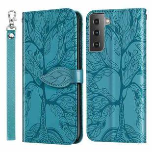 For Samsung Galaxy S21 5G Life of Tree Embossing Pattern Horizontal Flip Leather Case with Holder & Card Slot & Wallet & Photo Frame & Lanyard(Lake Blue)