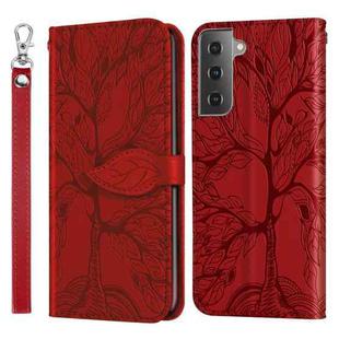 For Samsung Galaxy S21 5G Life of Tree Embossing Pattern Horizontal Flip Leather Case with Holder & Card Slot & Wallet & Photo Frame & Lanyard(Red)