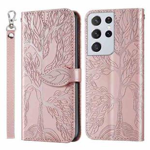 For Samsung Galaxy S21 Ultra 5G Life of Tree Embossing Pattern Horizontal Flip Leather Case with Holder & Card Slot & Wallet & Photo Frame & Lanyard(Rose Gold)