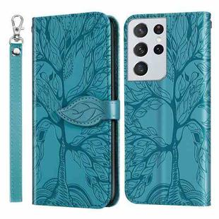 For Samsung Galaxy S21 Ultra 5G Life of Tree Embossing Pattern Horizontal Flip Leather Case with Holder & Card Slot & Wallet & Photo Frame & Lanyard(Lake Blue)