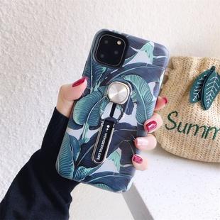 For iPhone 11 Flower Series Painting Shockproof Multi-functional Invisible Ring Holder Protective Case with Vehicle Magnetic Sheet(Green)