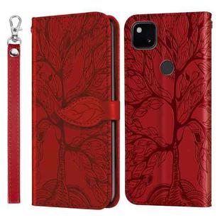 For Google Pixel 4a 5G Life of Tree Embossing Pattern Horizontal Flip Leather Case with Holder & Card Slot & Wallet & Photo Frame & Lanyard(Red)