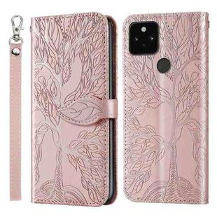 For Google Pixel 5 Life of Tree Embossing Pattern Horizontal Flip Leather Case with Holder & Card Slot & Wallet & Photo Frame & Lanyard(Rose Gold)