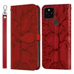 For Google Pixel 5 Life of Tree Embossing Pattern Horizontal Flip Leather Case with Holder & Card Slot & Wallet & Photo Frame & Lanyard(Red)