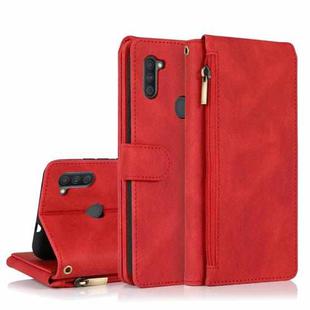 For Samsung Galaxy A11 Skin-feel Crazy Horse Texture Zipper Wallet Bag Horizontal Flip Leather Case with Holder & Card Slots & Wallet & Lanyard(Red)