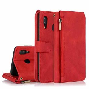 For Samsung Galaxy A20 / A30 Skin-feel Crazy Horse Texture Zipper Wallet Bag Horizontal Flip Leather Case with Holder & Card Slots & Wallet & Lanyard(Red)