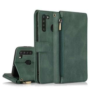 For Samsung Galaxy A21 Skin-feel Crazy Horse Texture Zipper Wallet Bag Horizontal Flip Leather Case with Holder & Card Slots & Wallet & Lanyard(Dark Green)