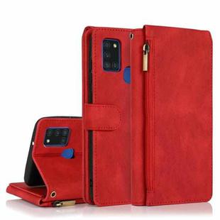 For Samsung Galaxy A21s Skin-feel Crazy Horse Texture Zipper Wallet Bag Horizontal Flip Leather Case with Holder & Card Slots & Wallet & Lanyard(Red)