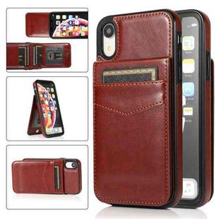 For iPhone XR Solid Color PC + TPU Protective Case with Holder & Card Slots(Brown)