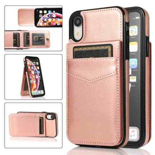 For iPhone XR Solid Color PC + TPU Protective Case with Holder & Card Slots(Rose Gold)