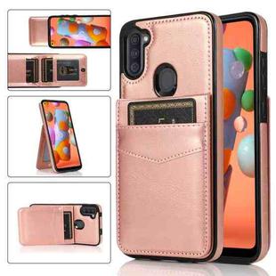 For Samsung Galaxy A11 Solid Color PC + TPU Protective Case with Holder & Card Slots(Rose Gold)
