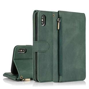 For iPhone X / XS Skin-feel Crazy Horse Texture Zipper Wallet Bag Horizontal Flip Leather Case with Holder & Card Slots & Wallet & Lanyard(Dark Green)