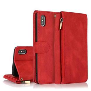 For iPhone X / XS Skin-feel Crazy Horse Texture Zipper Wallet Bag Horizontal Flip Leather Case with Holder & Card Slots & Wallet & Lanyard(Red)