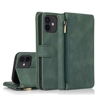 For iPhone 12 mini Skin-feel Crazy Horse Texture Zipper Wallet Bag Horizontal Flip Leather Case with Holder & Card Slots & Wallet & Lanyard (Dark Green)