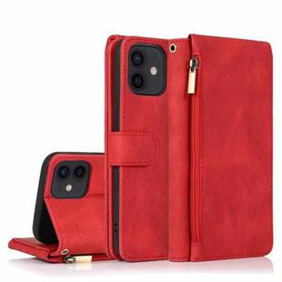 For iPhone 12 mini Skin-feel Crazy Horse Texture Zipper Wallet Bag Horizontal Flip Leather Case with Holder & Card Slots & Wallet & Lanyard (Red)