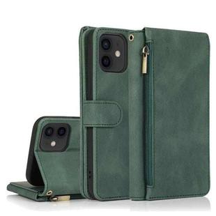 For iPhone 12 / 12 Pro Skin-feel Crazy Horse Texture Zipper Wallet Bag Horizontal Flip Leather Case with Holder & Card Slots & Wallet & Lanyard(Dark Green)