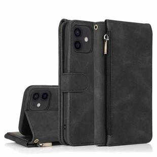 For iPhone 12 / 12 Pro Skin-feel Crazy Horse Texture Zipper Wallet Bag Horizontal Flip Leather Case with Holder & Card Slots & Wallet & Lanyard(Black)