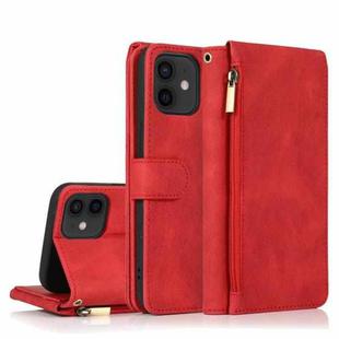 For iPhone 12 / 12 Pro Skin-feel Crazy Horse Texture Zipper Wallet Bag Horizontal Flip Leather Case with Holder & Card Slots & Wallet & Lanyard(Red)