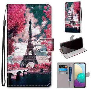 For Samsung Galaxy A02 / M02 Coloured Drawing Cross Texture Horizontal Flip PU Leather Case with Holder & Card Slots & Wallet & Lanyard(Pink Flower Tower Bridge)