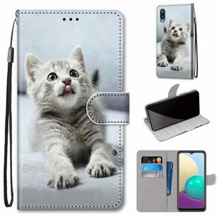 For Samsung Galaxy A02 / M02 Coloured Drawing Cross Texture Horizontal Flip PU Leather Case with Holder & Card Slots & Wallet & Lanyard(Small Gray Cat)