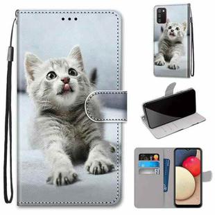 For Samsung Galaxy A02s / M02s Coloured Drawing Cross Texture Horizontal Flip PU Leather Case with Holder & Card Slots & Wallet & Lanyard(Small Gray Cat)