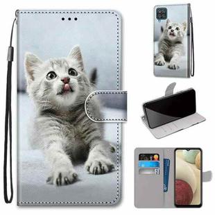 For Samsung Galaxy A12 / M12 Coloured Drawing Cross Texture Horizontal Flip PU Leather Case with Holder & Card Slots & Wallet & Lanyard(Small Gray Cat)