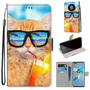 For Huawei Mate 40 Pro Coloured Drawing Cross Texture Horizontal Flip PU Leather Case with Holder & Card Slots & Wallet & Lanyard(Cat Drinking Soda)