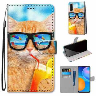 For Huawei P Smart 2021 / Y7a Coloured Drawing Cross Texture Horizontal Flip PU Leather Case with Holder & Card Slots & Wallet & Lanyard(Cat Drinking Soda)