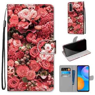 For Huawei P Smart 2021 / Y7a Coloured Drawing Cross Texture Horizontal Flip PU Leather Case with Holder & Card Slots & Wallet & Lanyard(Pink Rose Garden)