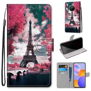 For Huawei Y9a Coloured Drawing Cross Texture Horizontal Flip PU Leather Case with Holder & Card Slots & Wallet & Lanyard(Pink Flower Tower Bridge)