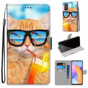 For Honor 10X Lite Coloured Drawing Cross Texture Horizontal Flip PU Leather Case with Holder & Card Slots & Wallet & Lanyard(Cat Drinking Soda)