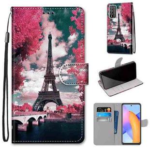 For Honor 10X Lite Coloured Drawing Cross Texture Horizontal Flip PU Leather Case with Holder & Card Slots & Wallet & Lanyard(Pink Flower Tower Bridge)