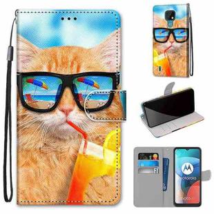 For Motorola Moto E7 Coloured Drawing Cross Texture Horizontal Flip PU Leather Case with Holder & Card Slots & Wallet & Lanyard(Cat Drinking Soda)