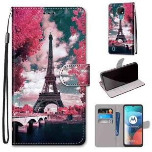 For Motorola Moto E7 Coloured Drawing Cross Texture Horizontal Flip PU Leather Case with Holder & Card Slots & Wallet & Lanyard(Pink Flower Tower Bridge)