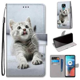 For Motorola Moto E7 Coloured Drawing Cross Texture Horizontal Flip PU Leather Case with Holder & Card Slots & Wallet & Lanyard(Small Gray Cat)