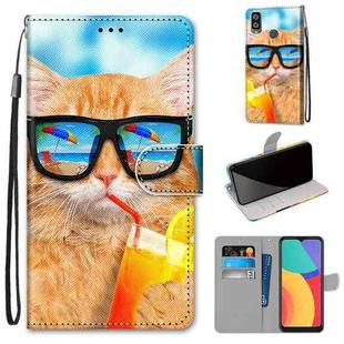 For Alcatel 1L (2021) Coloured Drawing Cross Texture Horizontal Flip PU Leather Case with Holder & Card Slots & Wallet & Lanyard(Cat Drinking Soda)