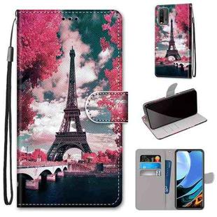 For Xiaomi Redmi Note 9 4G / 9 Power Coloured Drawing Cross Texture Horizontal Flip PU Leather Case with Holder & Card Slots & Wallet & Lanyard(Pink Flower Tower Bridge)