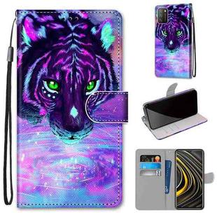 For Xiaomi Poco M3 Coloured Drawing Cross Texture Horizontal Flip PU Leather Case with Holder & Card Slots & Wallet & Lanyard(Tiger Drinking Water)