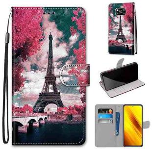 For Xiaomi Poco X3 NFC Coloured Drawing Cross Texture Horizontal Flip PU Leather Case with Holder & Card Slots & Wallet & Lanyard(Pink Flower Tower Bridge)