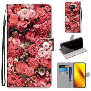 For Xiaomi Poco X3 NFC Coloured Drawing Cross Texture Horizontal Flip PU Leather Case with Holder & Card Slots & Wallet & Lanyard(Pink Rose Garden)