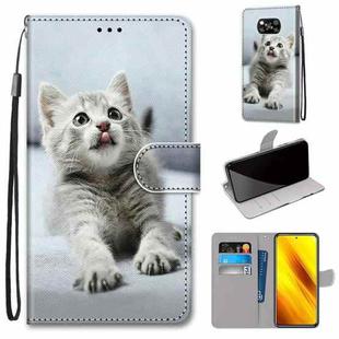 For Xiaomi Poco X3 NFC Coloured Drawing Cross Texture Horizontal Flip PU Leather Case with Holder & Card Slots & Wallet & Lanyard(Small Gray Cat)