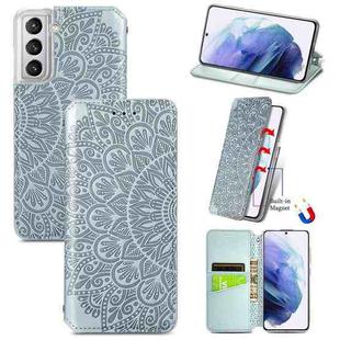 For Samsung Galaxy S21 5G Blooming Mandala Embossed Pattern Magnetic Horizontal Flip Leather Case with Holder & Card Slots & Wallet(Grey)