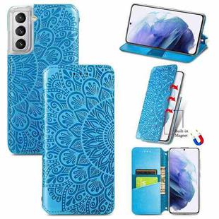 For Samsung Galaxy S21+ 5G Blooming Mandala Embossed Pattern Magnetic Horizontal Flip Leather Case with Holder & Card Slots & Wallet(Blue)