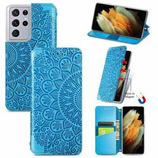 For Samsung Galaxy S21 Ultra 5G Blooming Mandala Embossed Pattern Magnetic Horizontal Flip Leather Case with Holder & Card Slots & Wallet(Blue)