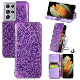 For Samsung Galaxy S21 Ultra 5G Blooming Mandala Embossed Pattern Magnetic Horizontal Flip Leather Case with Holder & Card Slots & Wallet(Purple)